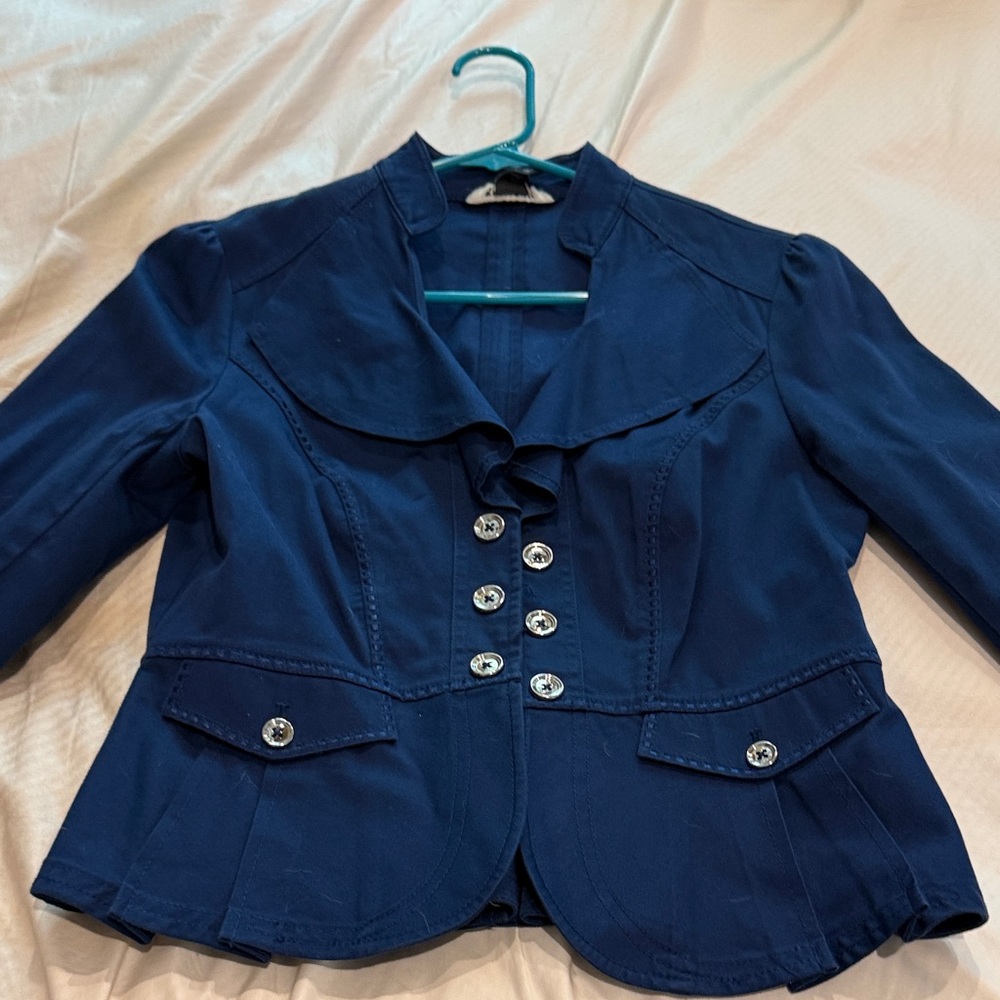 White House Black Market Women's Navy Blue Ruffle-Front Blazer Jacket